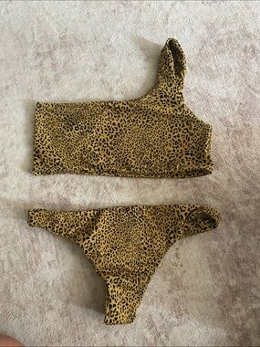 One-Shoulder Leopard Print Bikini Set - Mustard & Black